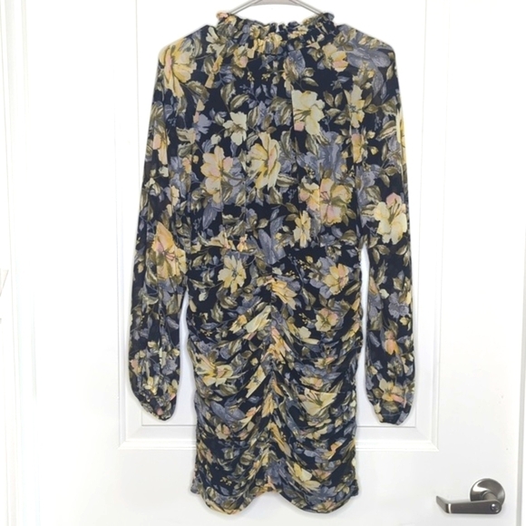 FATE Dark Floral Ruched Bodycon Mini Dress Ruffle Mock Neck Rear Zipper S - Picture 1 of 13
